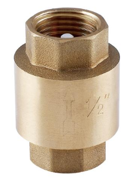 A brass vertical check valve with a threaded opening is shown. The valve features a hexagonal shape and is marked with 1/2 to indicate its size. An arrow engraved on the side points upwards, illustrating the flow direction.